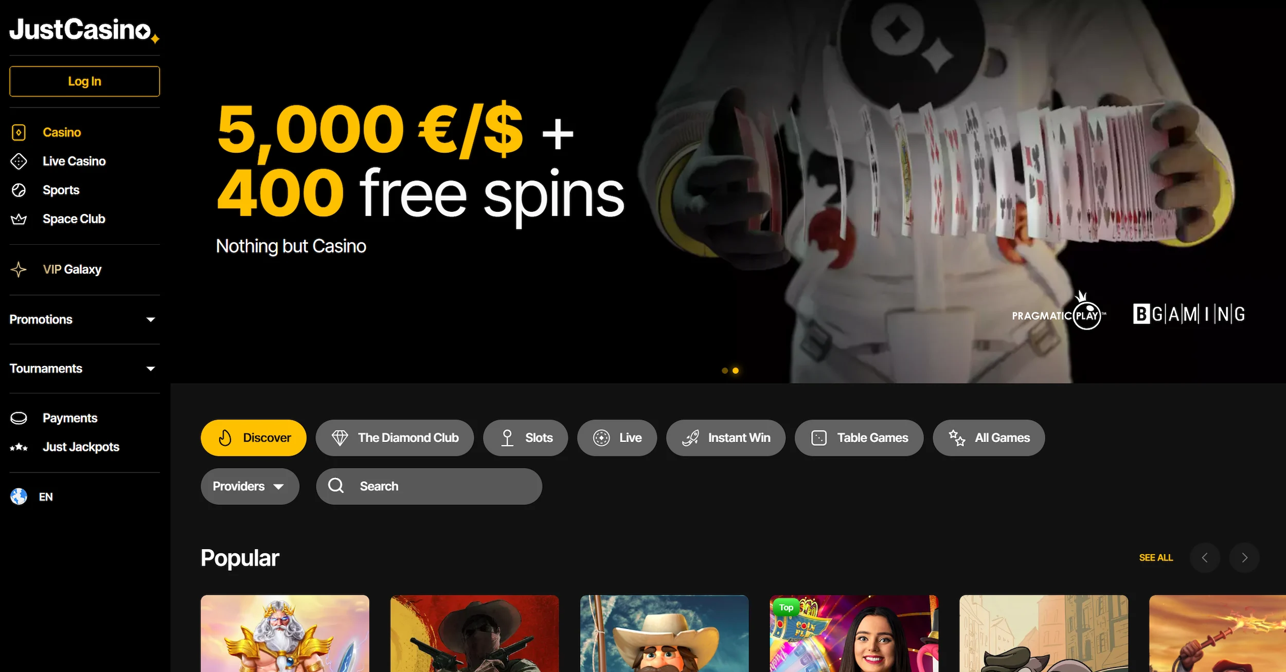 JustCasino frontpage showing bonus offer, online pokies and site navigation