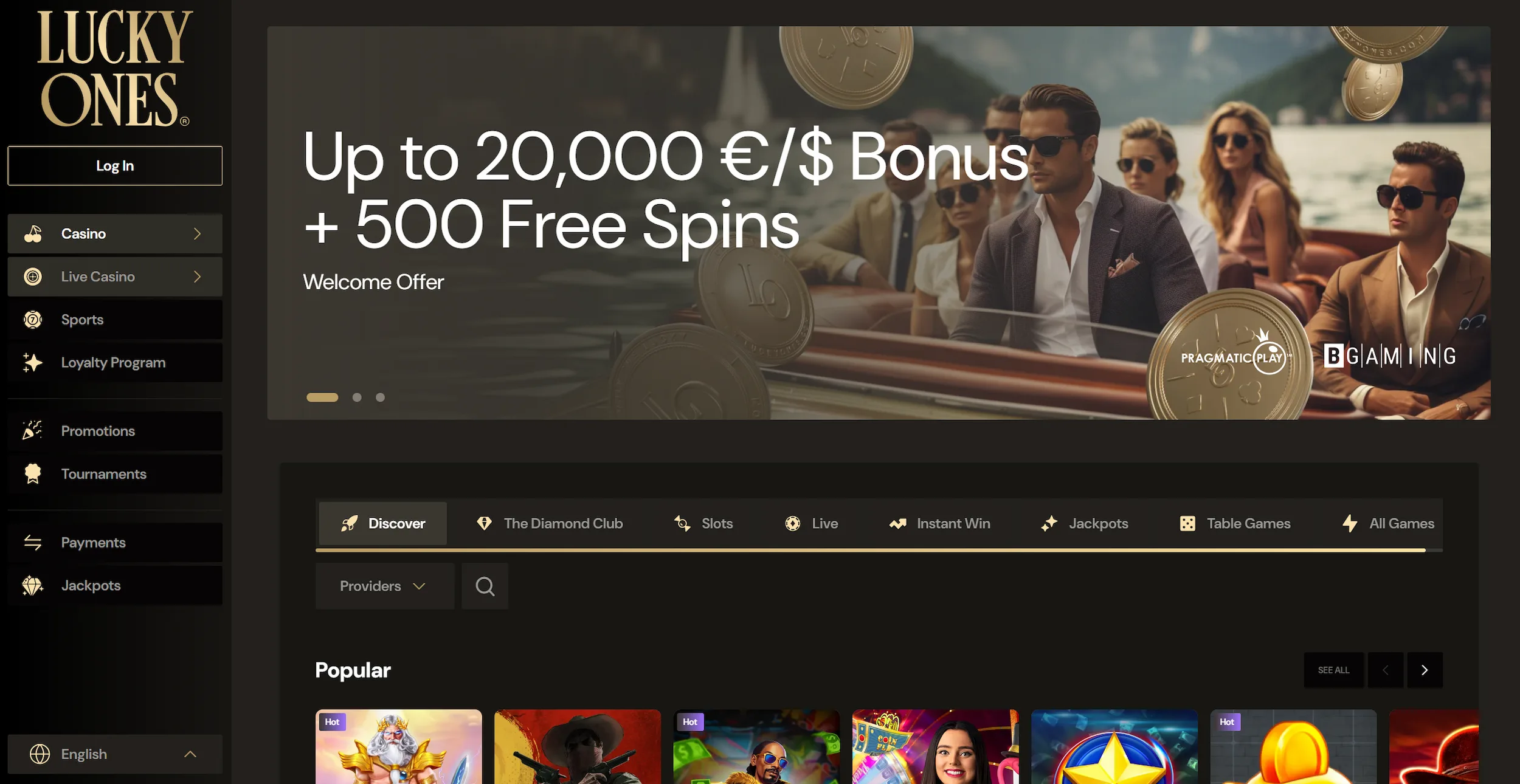 LuckyOnes casino frontpage showing welcome offer, selection of popular online polies and site navigation